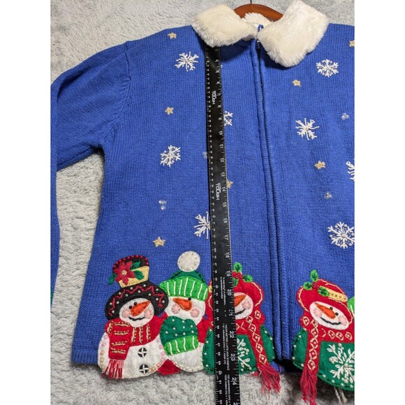 Heirloom Collections Blue Snowman Cardigan Sweater Faux Fur Collar Size Large - Picture 6 of 9